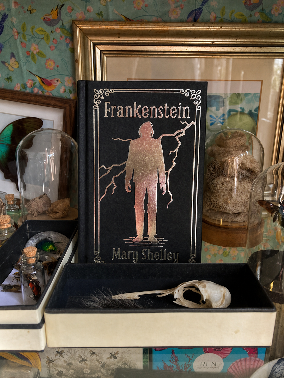 A copy of Frankenstein by Mary Shelley sits among curiosities and framed artwork.